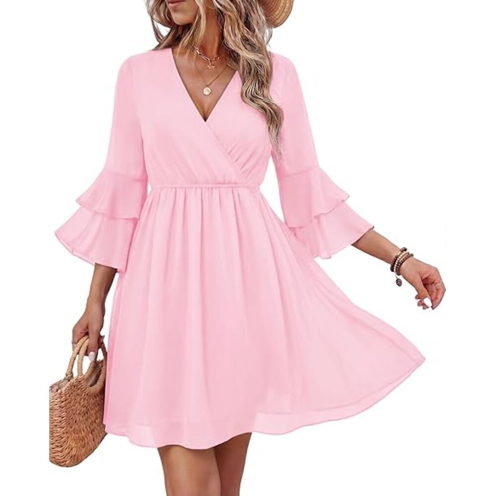 Women's Pink V Neck A Line 3/4 Ruffle Sleeve A Line Mini Dress